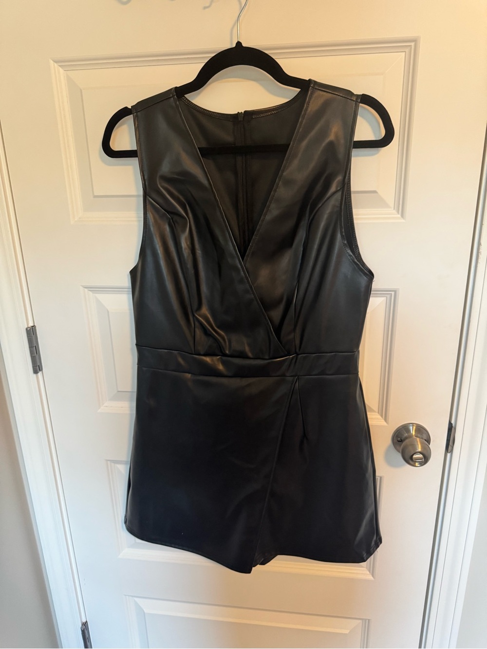 SHEIN Black Faux Leather Sleeveless Wrap Romper